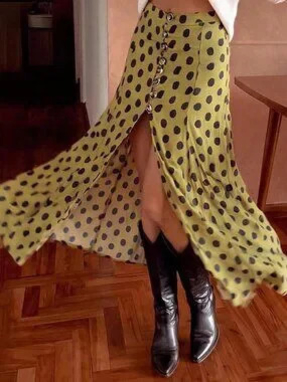 ZARA Army Green Casual Women's Halloween Large Polka Dot High Waist Midi Skirt